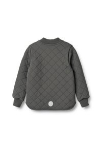 Mørkegrå quiltet jakke med ribbet krave og ærmegab, lange ærmer og et lille rundt reflekterende logo nær kanten bagpå.