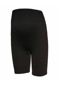 Short cycliste noir à taille haute, côtelé avec une coupe ajustée et une longueur mi-cuisse, présenté sur un fond blanc uni.
