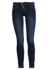 Smala jeans i mörkblå denim med hög midja, femknäppning och traditionella fickor. Slät yta med lätt stretch.