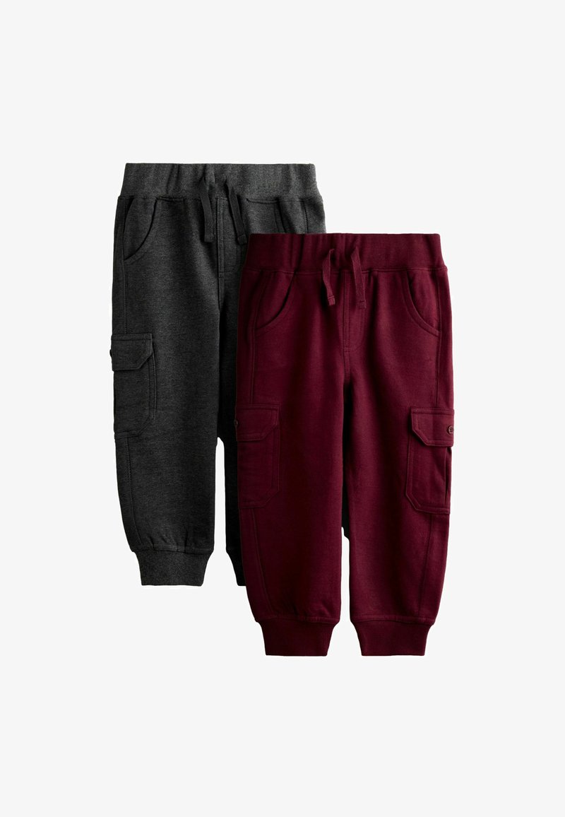 Kaks paari tööpükse: üks tumeda halli, teine burgundia värvi. Mõlemal on elastsed vöökohad, küljetaskud ning pehme materjal.