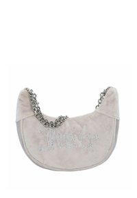 Borsa a mano in suede beige chiaro di forma curvata, con una tracolla in catena d'argento e lettere in strass che formano la scritta "Juicy."
