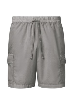 Pánské šedé cargo šortky s elastickým pasem, stahovací šňůrkou a klopovými kapsami na obou stranách, zobrazené na bílém pozadí.