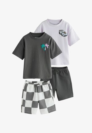 Două tricouri cu mânecă scurtă pentru copii, unul gri închis cu imprimeu cu palmieri, unul alb cu imprimeu cu mașină de curse, asortate cu pantaloni scurți gri închis și cu model în carouri.