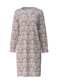 Langärmliges Kleid mit floralem Muster in Lila, Grün und Schwarz auf hellem Hintergrund, mit kontrastierenden lila Manschetten.
