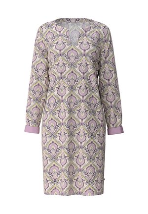 Long-sleeve dress in a floral pattern featuring purple, green, and black on a light background, with contrasting purple cuffs.