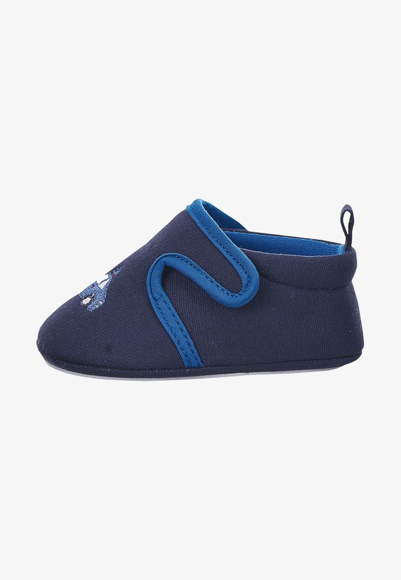 Chaussure bébé bleu marine avec bordure bleu clair, bride à scratch et petit dinosaure brodé à l'avant.