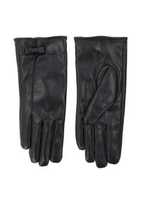 Guantes de cuero negro con textura suave, diseño sin costuras y un pequeño lazo decorativo cerca de la muñeca. Cuatro ranuras para los dedos y una para el pulgar.