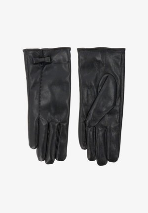 Zwarte leren handschoenen met een gladde textuur, naadloos ontwerp en een klein strikje bij de pols. Vier vingergaten en een duimgat.