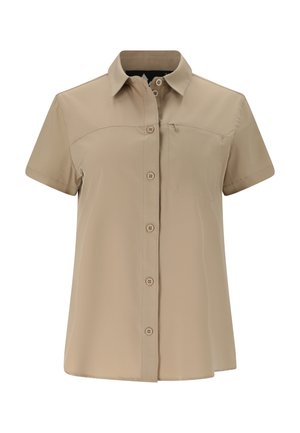 Beige kortärmad overhemd met knopen, kraag en een enkele borstzak, met een strakke, casual uitstraling.