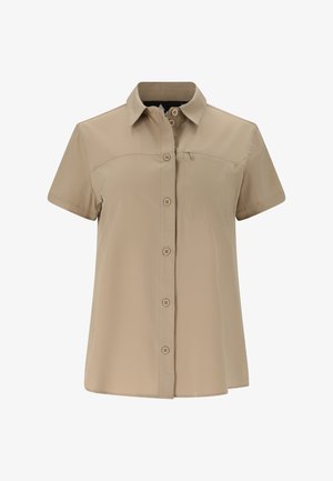 Beige kortärmad overhemd met knopen, kraag en een enkele borstzak, met een strakke, casual uitstraling.