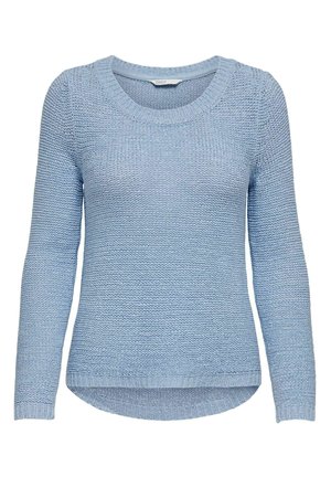 Maglione lavorato a maglia di un azzurro chiaro con scollatura rotonda e maniche lunghe, caratterizzato da un motivo testurizzato e orlo leggermente curvato.