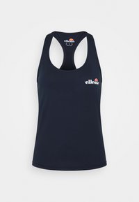 Mörkblå atletisk linne med racerback-design, rund hals och vit logodetalj på vänster bröst. Slät textur och elastiskt material.