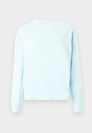 Lichtblauwe sweatshirt van zacht materiaal. Voorzien van een ronde halslijn, ribgebreide manchetten en onderrand, met een subtiel logo op de voorkant.