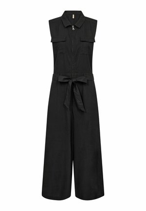 Musta õhuke kombinesoon, millel on krae, eesne lukuga, kaks rinna-taskut ja seotud talje, et luua keha kohandatud sobivus. Lai sääredisain.