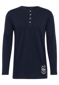 Marineblauwe lange mouwen t-shirt van katoen, met een henley-halslijn met vijf knopen en een logo-opdruk in het wit aan de onderkant.