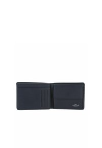 Portefeuille en cuir noir bifold ouvert montrant trois emplacements pour cartes à gauche et une poche à monnaie avec rabat à droite, logo visible en bas à droite.
