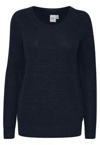 Dunkelblauer Strickpullover mit Rundhalsausschnitt, langen Ärmeln und einem strukturierten Muster. Verfügt über einen geraden Schnitt sowie gerippte Bündchen und Saum.