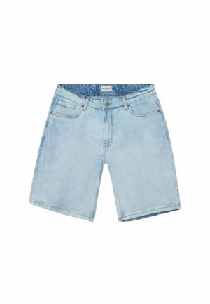 Pantalones cortos vaqueros azul claro con bolsillos delanteros, trabillas para el cinturón y cierre de botón en la cintura.