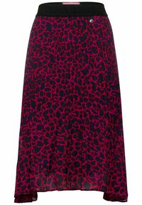 Gonna plissettata con vita nera, caratterizzata da un motivo a stampa leopardata nei toni del rosa e del rosso scuro su un tessuto trasparente. Accentuata da un charm argentato.
