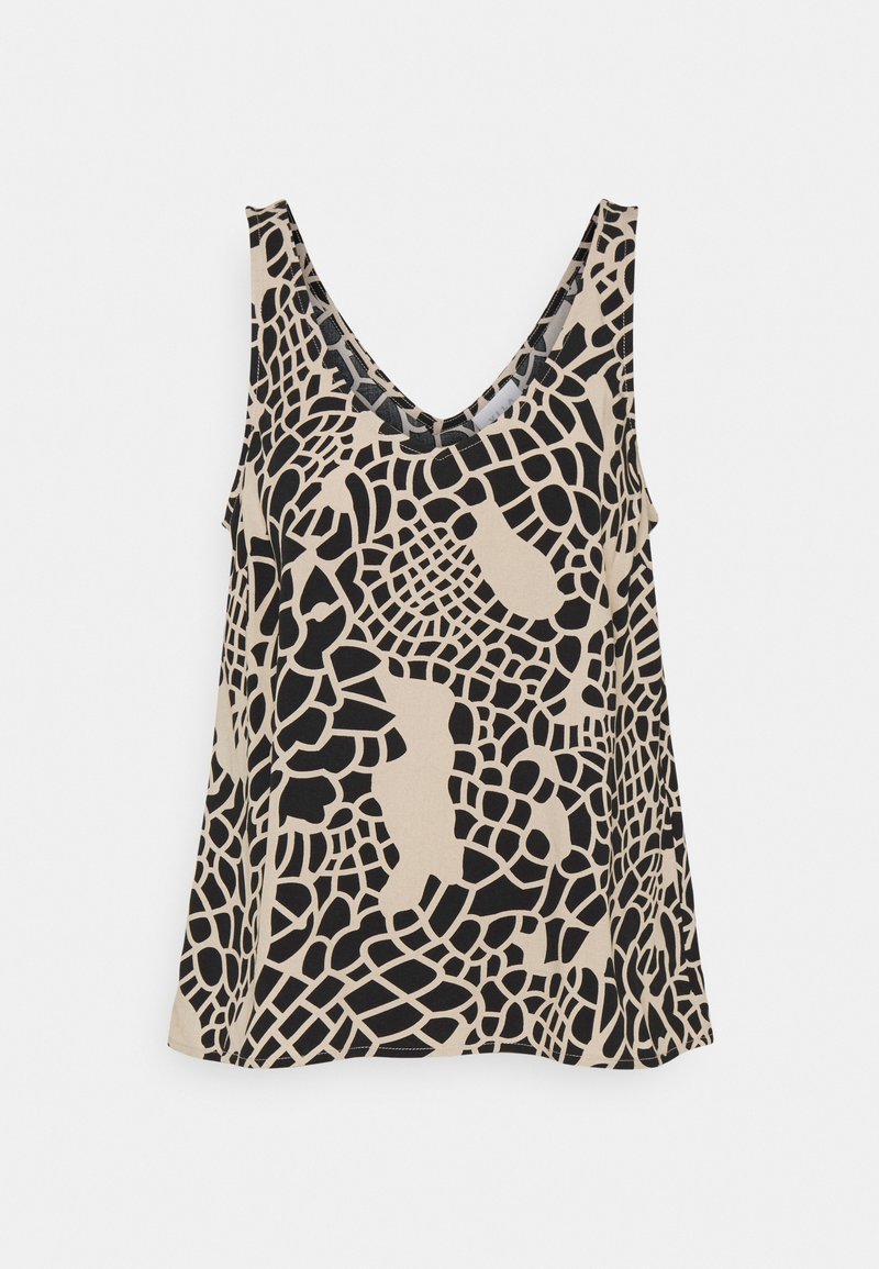 Haut sans manches en beige avec un motif abstrait noir. Présente un décolleté en V et une coupe décontractée. Fabriqué en tissu léger.