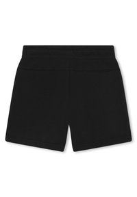 Schwarze Shorts aus weichem Baumwollstoff, mit einem schlichten Design, einem elastischen Bund und ohne sichtbare Taschen oder Muster.