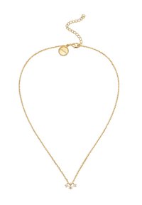 Collier en or avec trois petits pendentifs en forme de fleur dotés de pierres centrales, des maillons délicats et un fermoir ajustable pour varier la longueur.