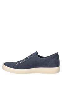 Navy blue suede sneaker with white rubber sole, round toe, and six metallic eyelets for laces. Smooth texture, low-profile design.