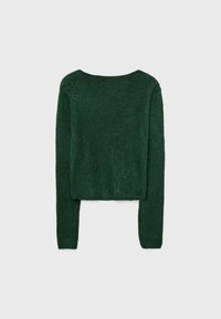 Tmavě zelený pletený svetr s dlouhým rukávem a kulatým výstřihem, zobrazený zezadu na jednobarevném světlém šedém pozadí.