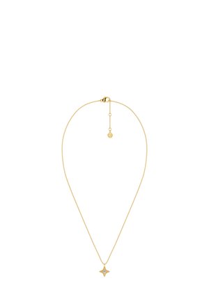 Gouden ketting met een delicate schakel en een stervormige hanger plus een klein accent-sieraad. De hanger bevat een centrale heldere steen.
