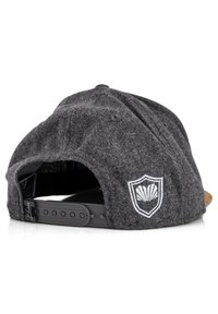 Gray wool baseball cap with a flat brim, featuring a white embroidered logo on the back and an adjustable plastic strap.