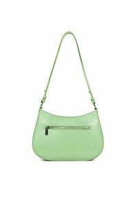 Borsa a mano in pelle verde con forma curva, tracolla regolabile e tasca anteriore con zip. Texture liscia e finitura lucida.