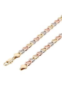 Guld-, sølv- og rosaguld-kædearmbånd med sammenkoblede led og en hjerteformet lås. Glat, poleret overflade med en metallisk glans.