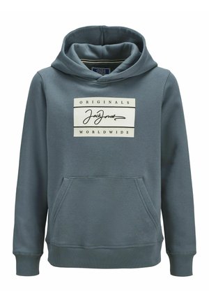 Hoodie i dämpad blågrå bomullsblandning. Har en framficka och en vit logotyp med svart text i rektangulärt mönster.