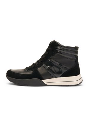 Black high-top sneaker with shiny and matte panels, black laces, and a white rubber sole with black detailing.