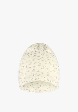 Cream-colored baby hat with small gray floral patterns evenly distributed across the fabric.