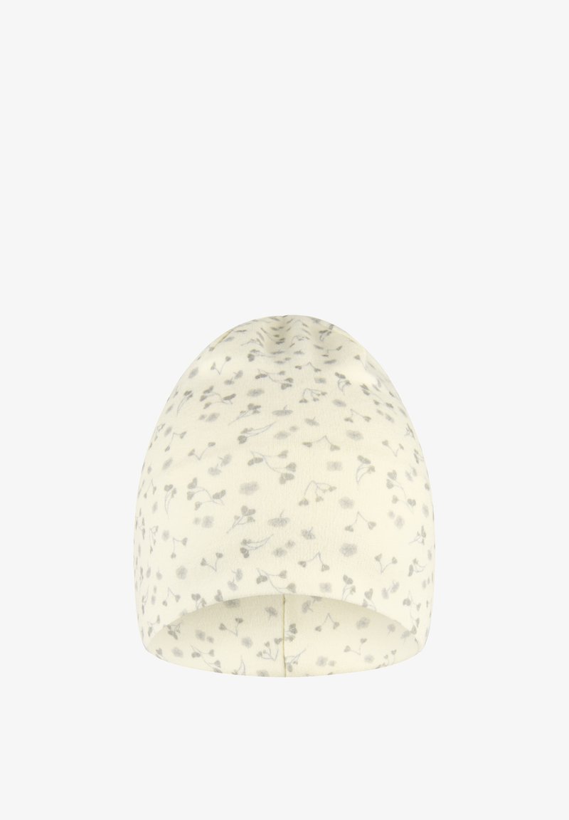 Cremfarbener Babymütze mit kleinen grauen Blumenmustern, die gleichmäßig über den Stoff verteilt sind.