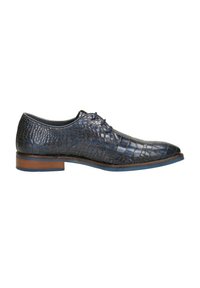 Donkerblauw leren dresschoenen met een krokodillenpatroon, ronde neus, vetersluiting en een bruine houten hak. Gladde textuur en gepolijste afwerking.