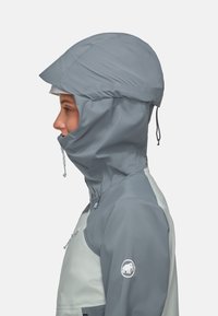 Grijze waterdichte jas met een capuchon, voorzien van een hoge kraag en verstelbare trekkoorden. Logo op de linkermouw. Gladde textuur, lichtgewicht ontwerp.