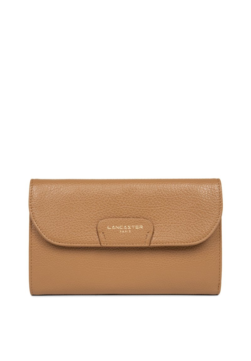 Tan leather wallet with textured surface, flap closure, and embossed "LANCASTER PARIS" logo in gold, featuring a rectangular shape.