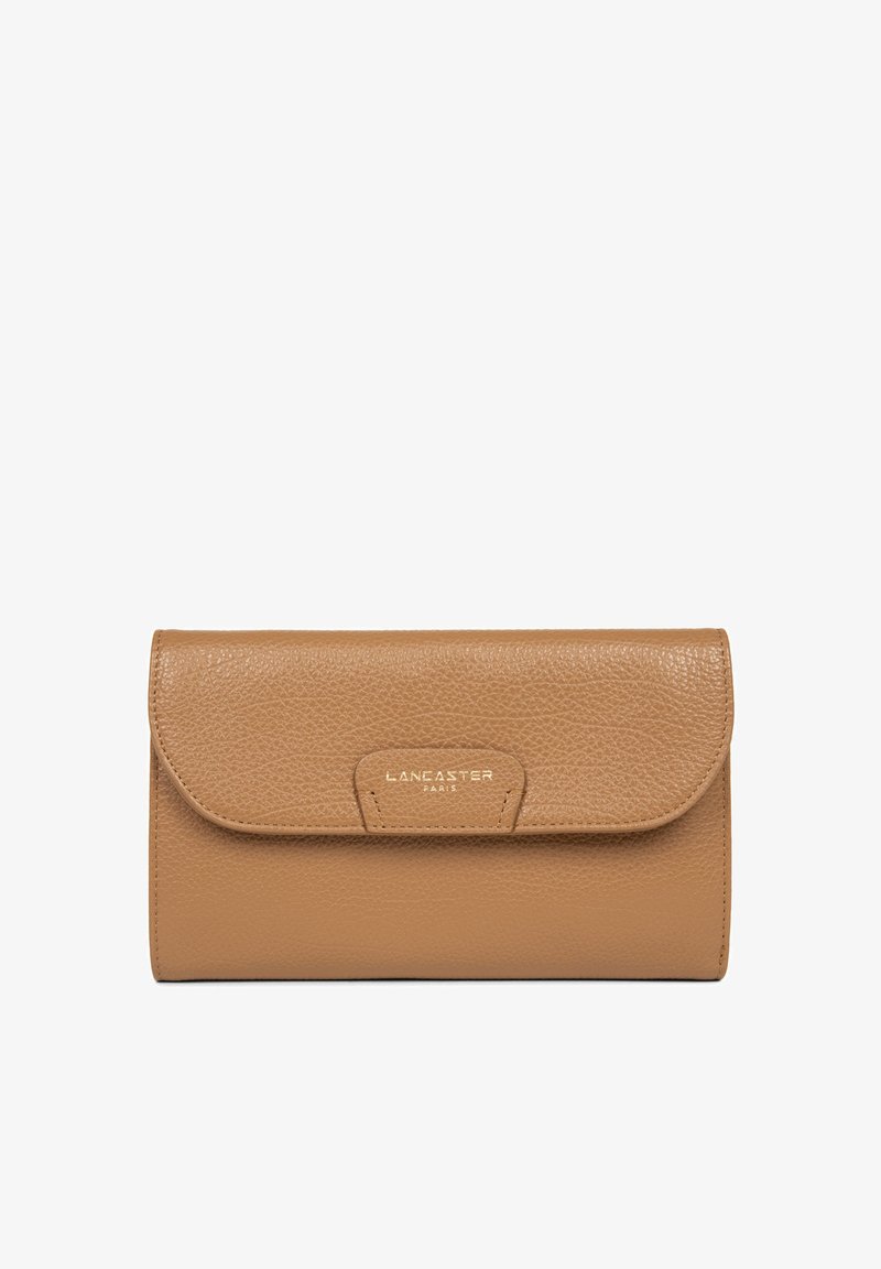 Tan leather wallet with textured surface, flap closure, and embossed "LANCASTER PARIS" logo in gold, featuring a rectangular shape.