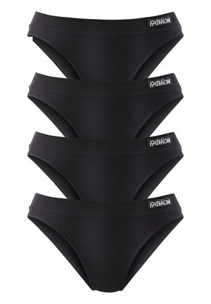 Black cotton briefs in a pack of four. Each features a wide elastic waistband with "FASHION" label. Smooth, solid color, classic design.