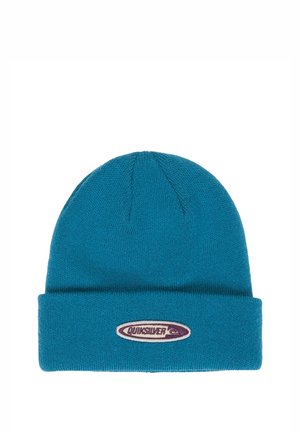 Blue knitted beanie hat with folded brim featuring an oval Quiksilver brand logo patch on the front.