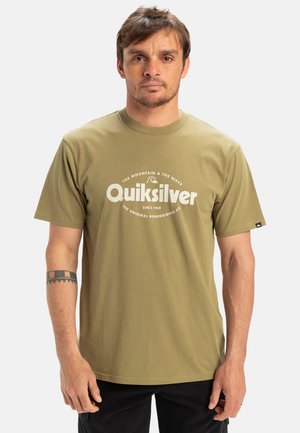 Olive green short-sleeve T-shirt made of cotton, featuring a round neckline and a large white print logo on the front.