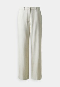 Pantalons en lin beige clair avec une coupe droite, dotés d'une fermeture à bouton et d'une texture subtile, adaptés pour un usage décontracté ou formel.