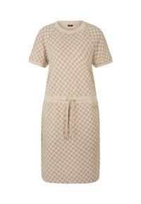 Robe en tricot beige avec un motif circulaire texturé, des manches courtes, un col rond et une taille à cordon pour un ajustement réglable.