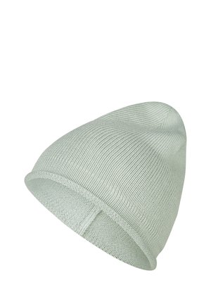Light gray knitted beanie hat with a folded edge shown against a white background.