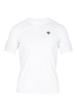 White short-sleeve athletic t-shirt made of lightweight fabric featuring a black logo on the chest and a crew neckline.