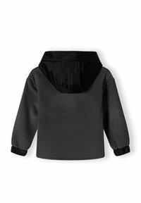 Giacca in pile nera e grigia con cappuccio, polsini elasticizzati e una texture morbida, con un interno a contrasto nero.