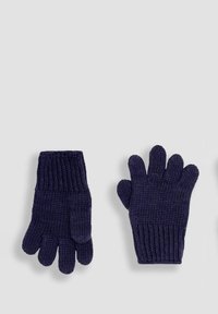 Mânuși tricotate de culoare albastru închis, cu manșete cu nervuri, având o formă tradițională de mănușă, iar mănușa stângă are un design cu un singur deget.