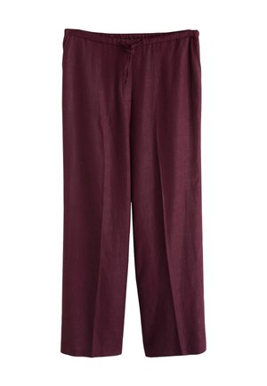 Pantaloni largi, din in de culoare burgundy închis, cu talie elastică și șnur, așezați pe o suprafață plată, pe un fundal alb.
